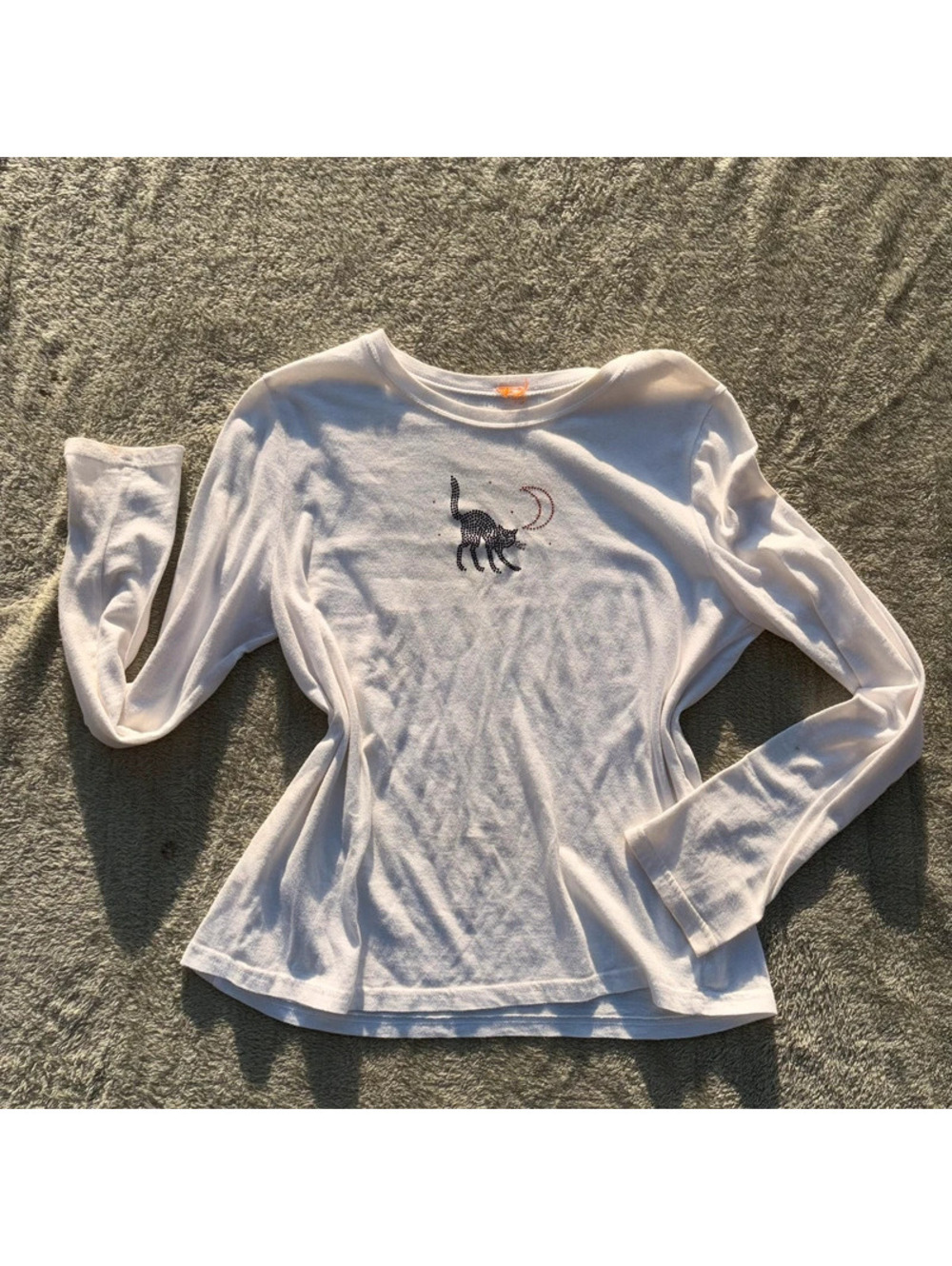 White Y2K 2000’s Long Sleeve With Bedazzled Black Cat and Moon